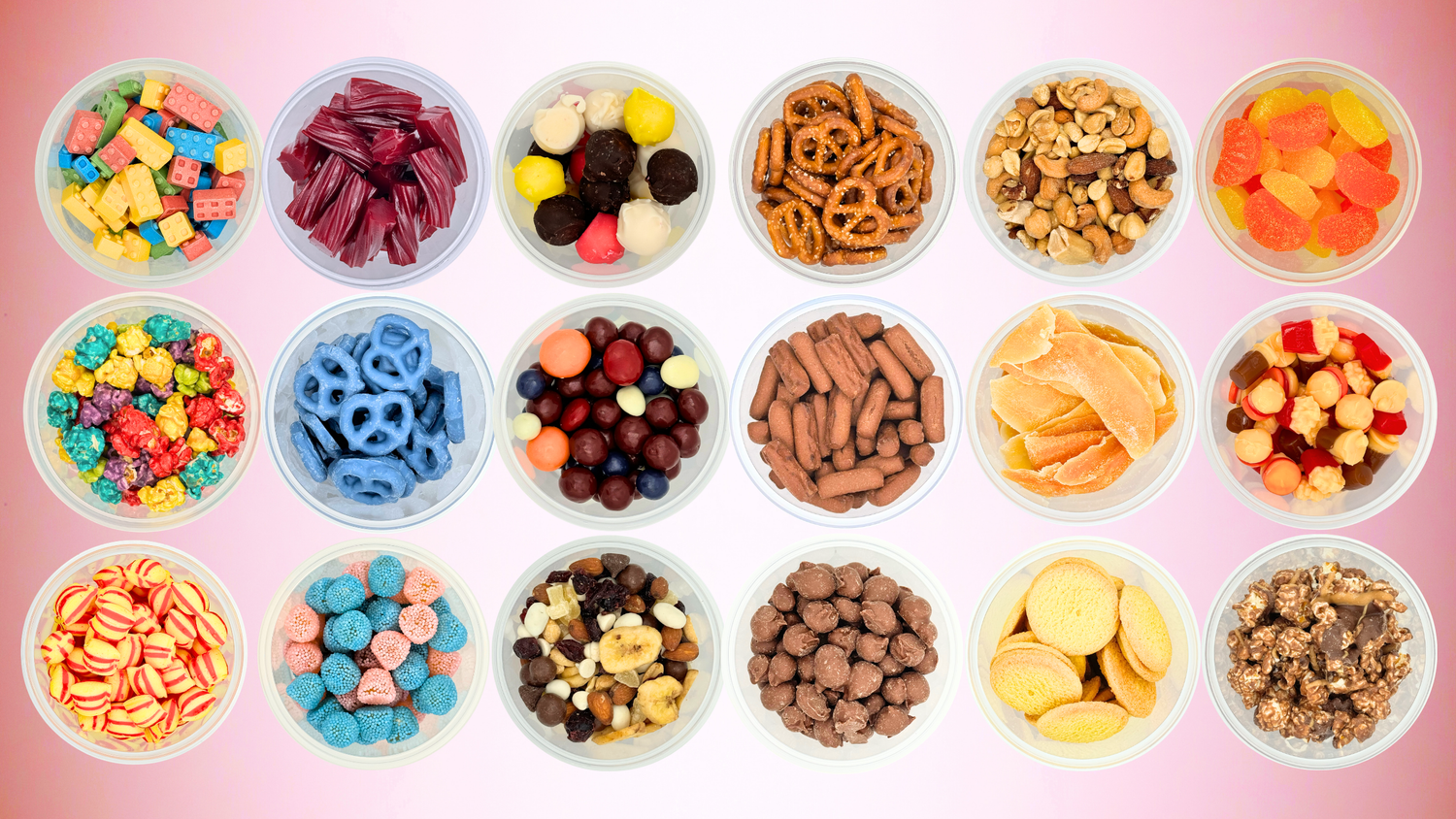 Assorted sweet treats, savory snacks, and candies