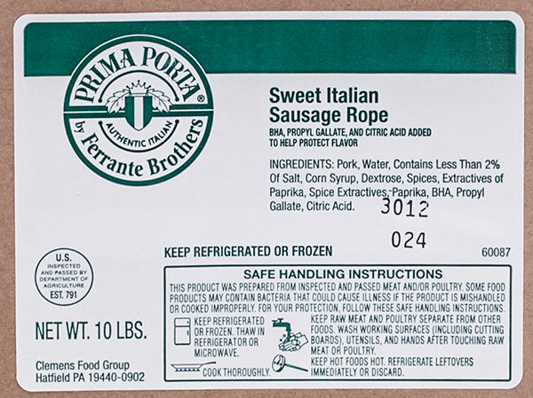 Sweet Italian Rope Sausage 10lb, $2.39/lb