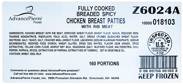 Breaded Spicy Chicken Breast Patties (FC) 30# ($.83/lb)