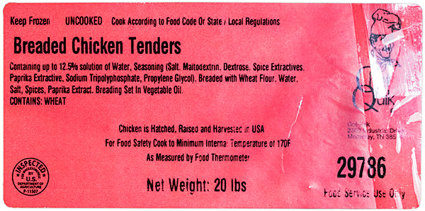 Breaded Chicken Tenders RTC 10lbs, $1.25/lb