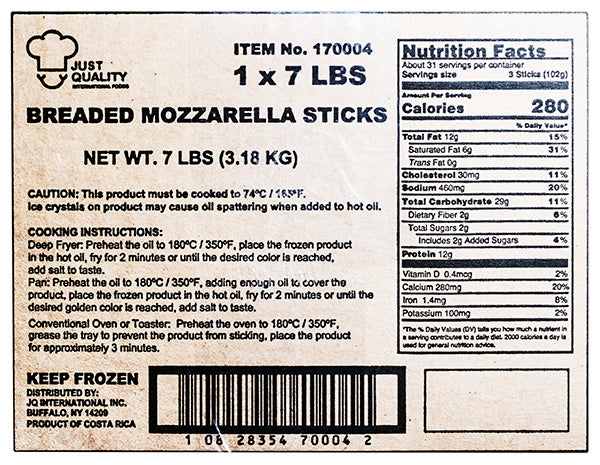 Breaded Mozzarella Sticks 7lb, $1.99/lb