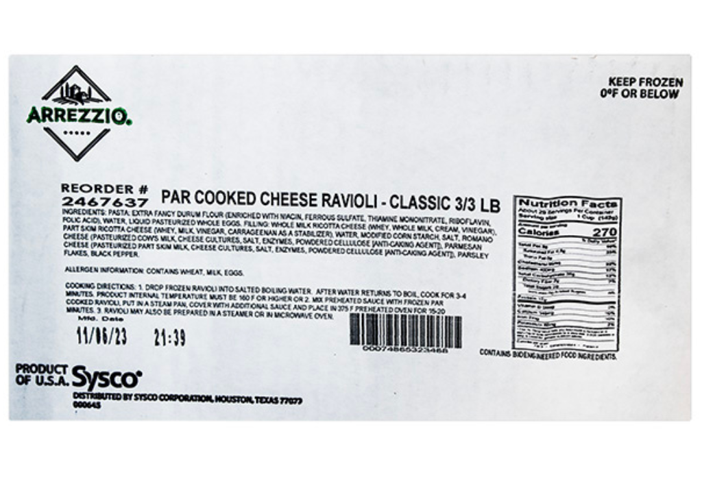 Arrezzio Cheese Ravioli 10#, $1.59/lb